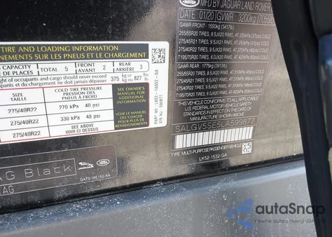 2020 Land Rover Range Rover Autobiography z USA, uszkodzony, nr VIN SALGV5SE5LA599877